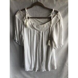 NWOT JM Collection Off-the-Shoulder White & Gold Blouse Shirt w/ Tassels Size L